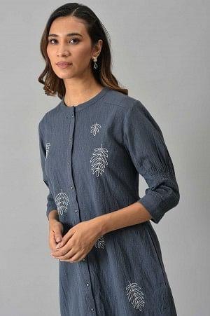 Blue Yarn Dyed Embroidered Tunic In Mandarin Collar - wforwoman