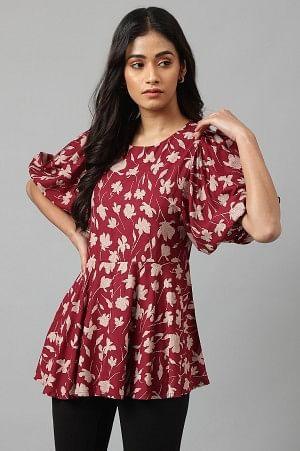 Deep Red Floral Printed Peplum Top - XS
