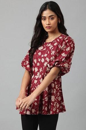 Deep Red Floral Printed Peplum Top - wforwoman