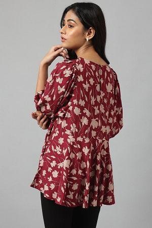 Deep Red Floral Printed Peplum Top - wforwoman