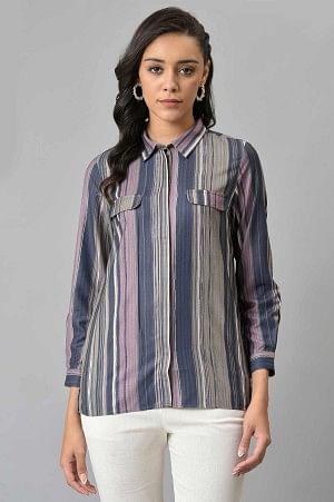 Lilac And Green Stripe Printed Rayon Shirt - M