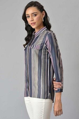 Lilac And Green Stripe Printed Rayon Shirt