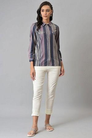 Lilac And Green Stripe Printed Rayon Shirt