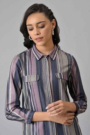 Lilac And Green Stripe Printed Rayon Shirt