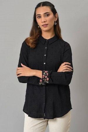 Black Cotton Shirt With Embroidered Cuffs - wforwoman
