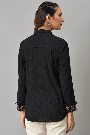 Black Cotton Shirt With Embroidered Cuffs - wforwoman