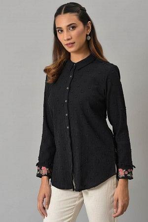Black Cotton Shirt With Embroidered Cuffs