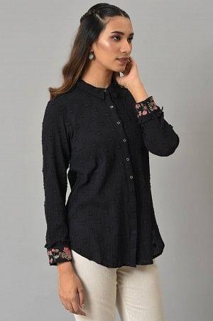 Black Cotton Shirt With Embroidered Cuffs
