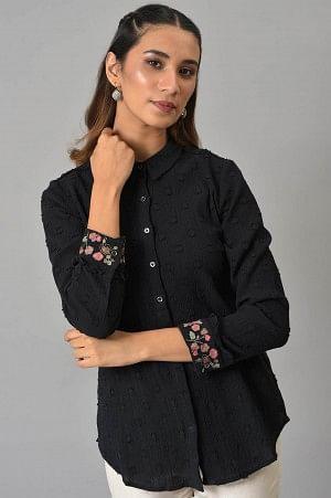 Black Cotton Shirt With Embroidered Cuffs