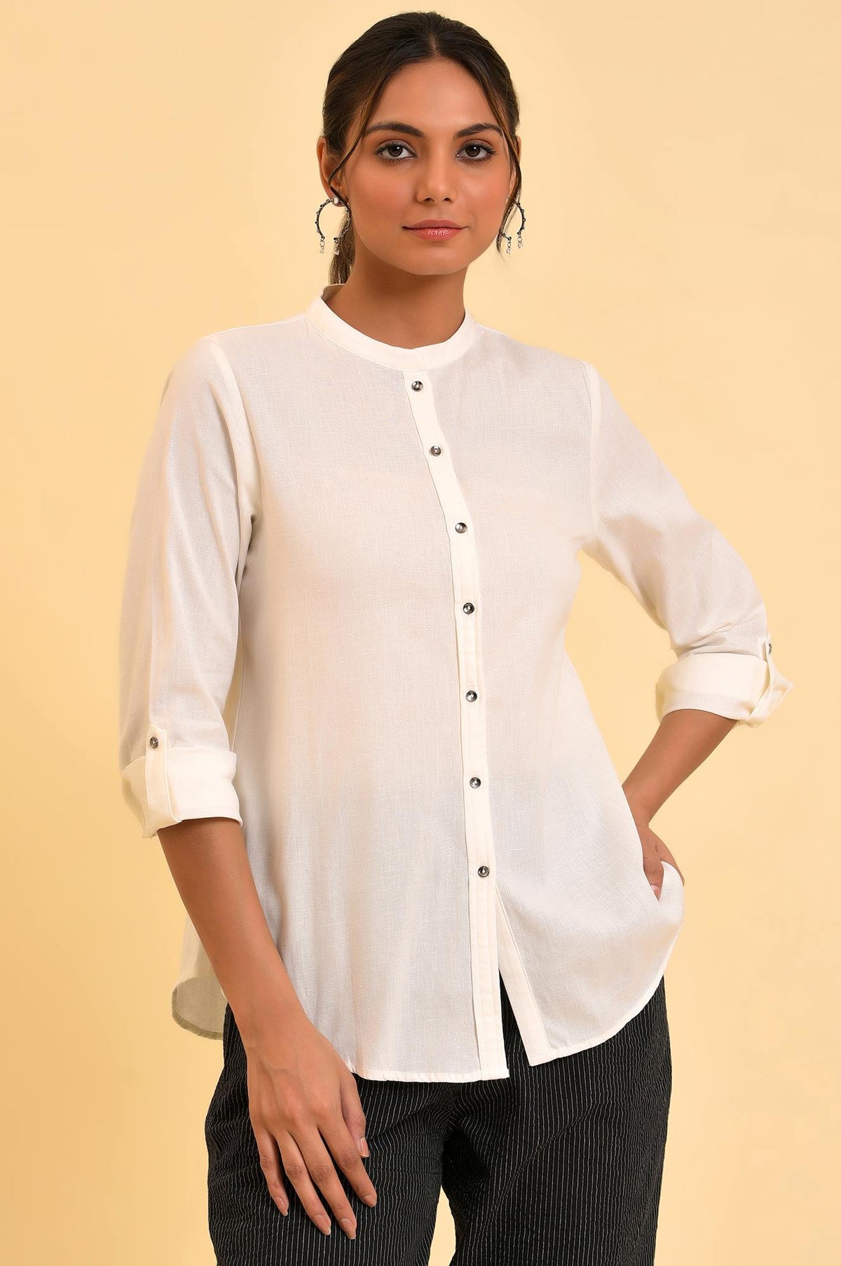 Ecru Cotton Flax Button Down Western Top - XS