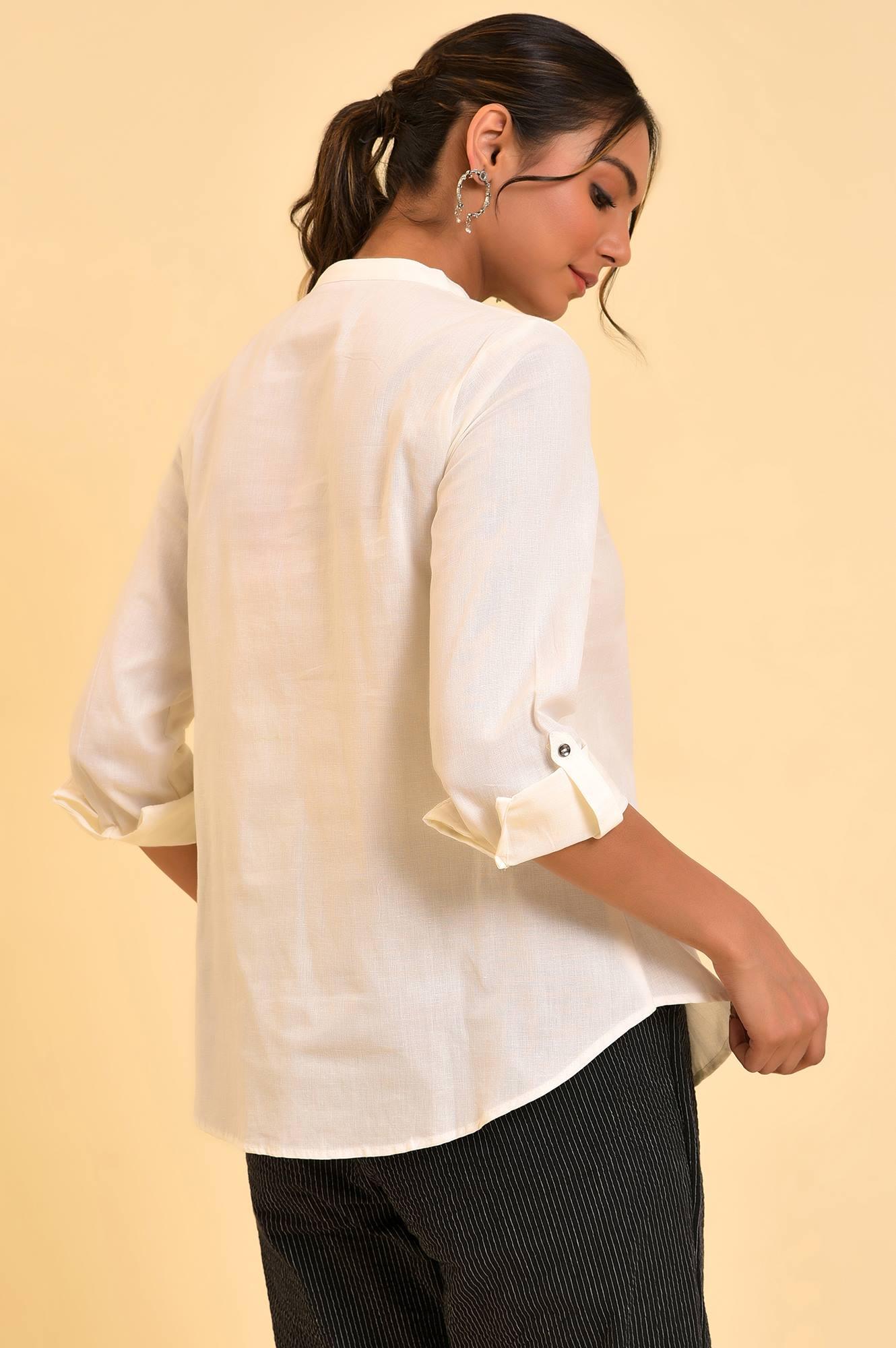 Plus Size Ecru Cotton Flax Button Down Western Top - wforwoman