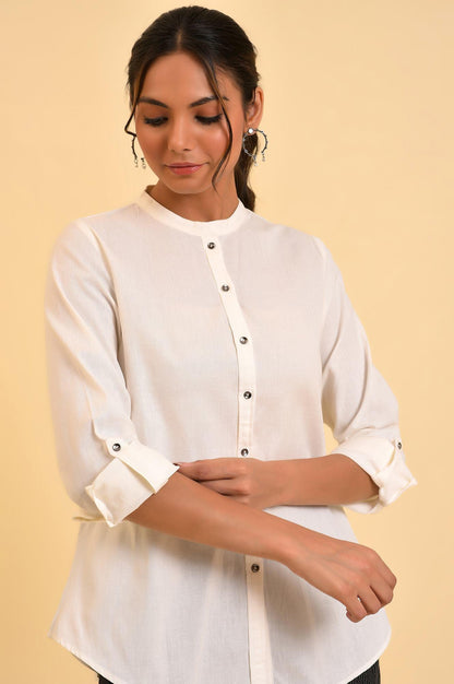 Plus Size Ecru Cotton Flax Button Down Western Top - wforwoman