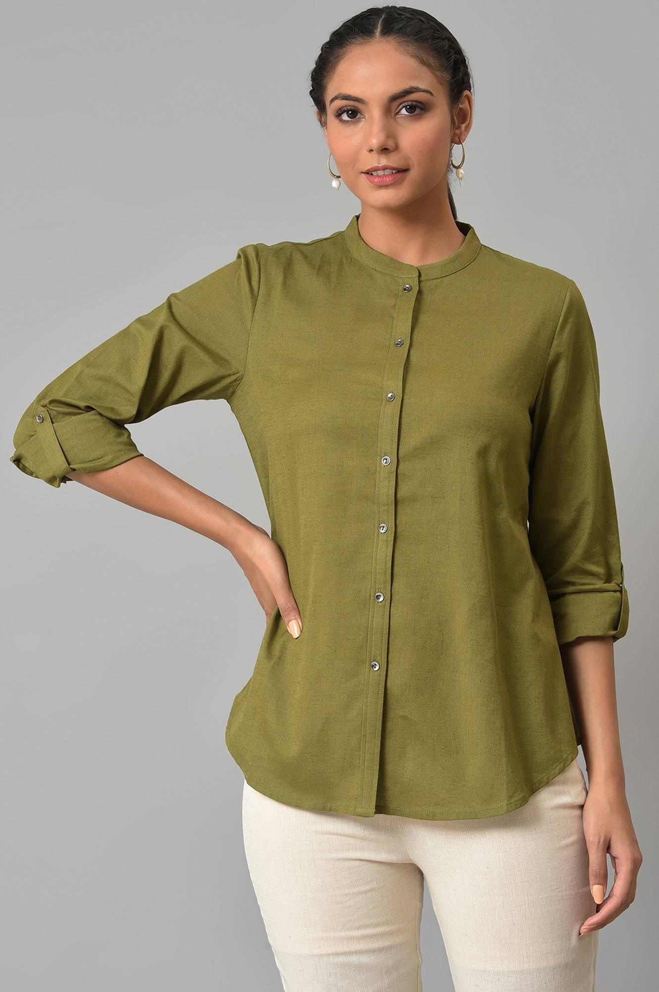 Olive Green Cotton Flax Button Down Top - wforwoman