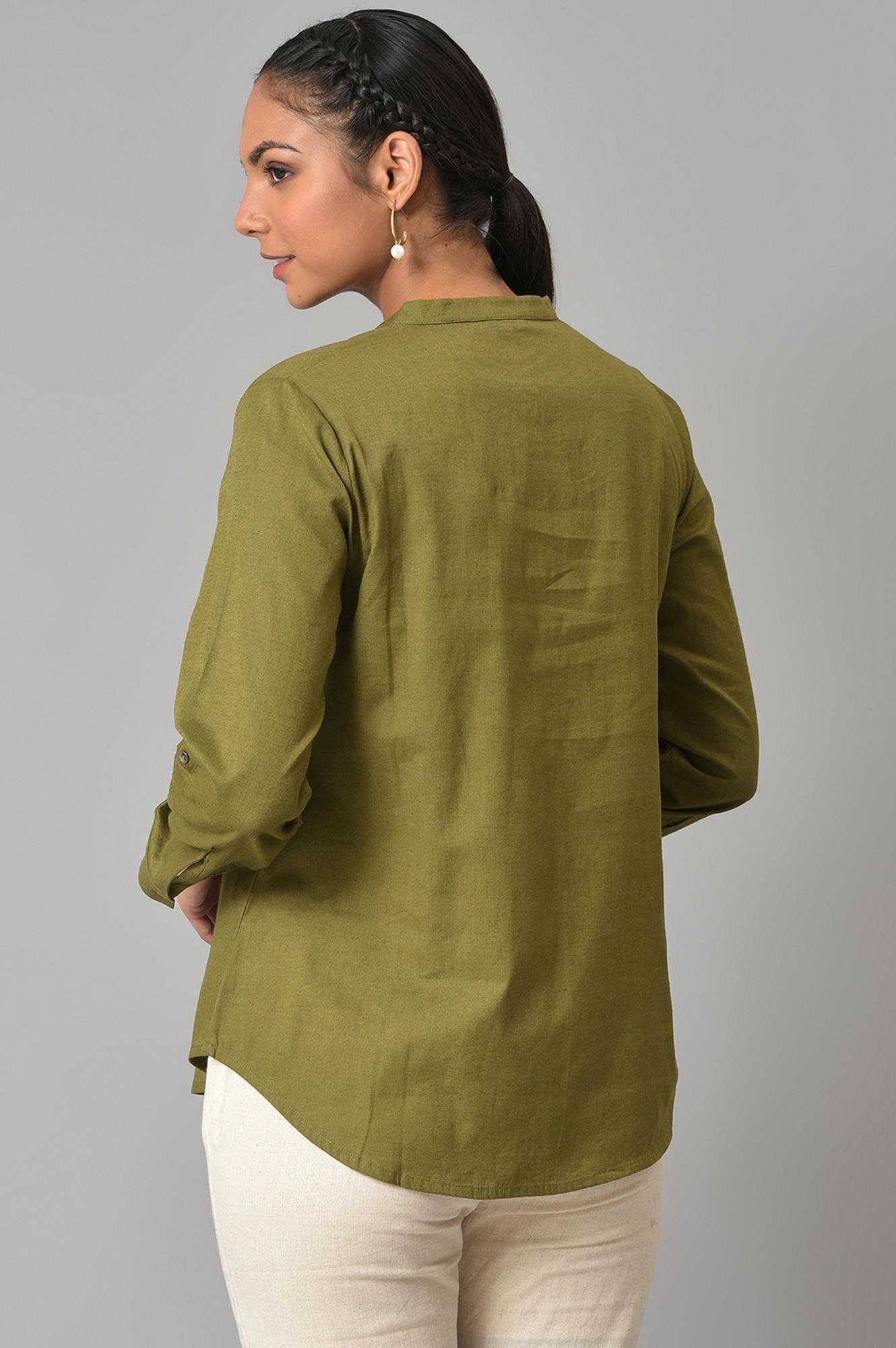 Olive Green Cotton Flax Button Down Top - wforwoman