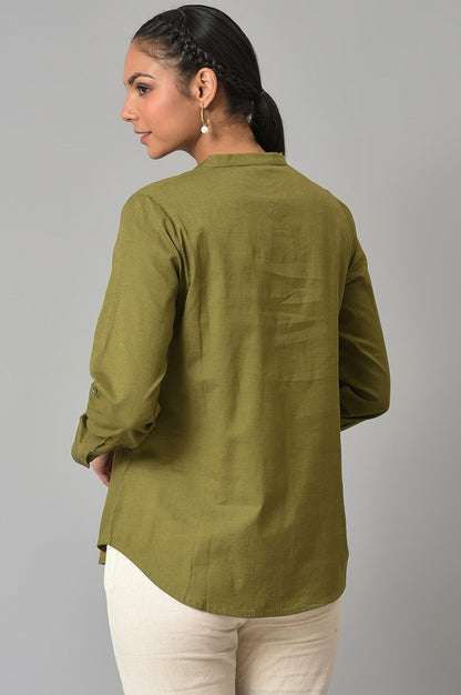 Olive Green Cotton Flax Button Down Top - wforwoman