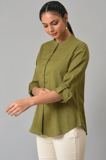 Olive Green Cotton Flax Button Down Top - wforwoman
