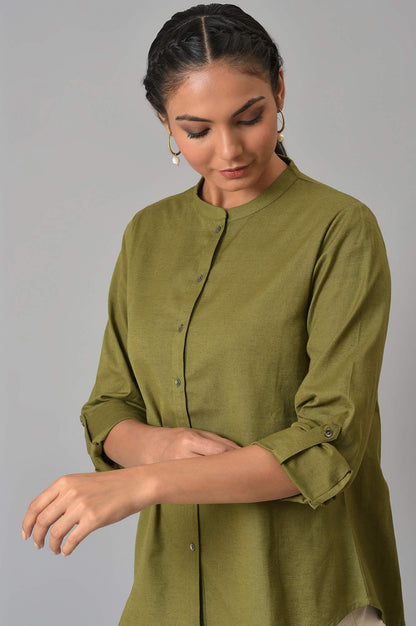 Olive Green Cotton Flax Button Down Top - wforwoman