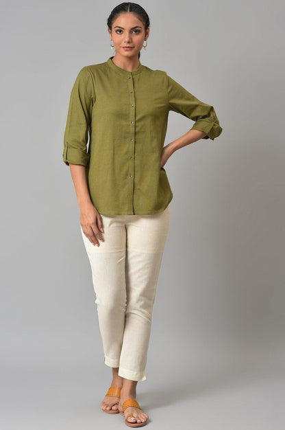 Olive Green Cotton Flax Button Down Top - wforwoman