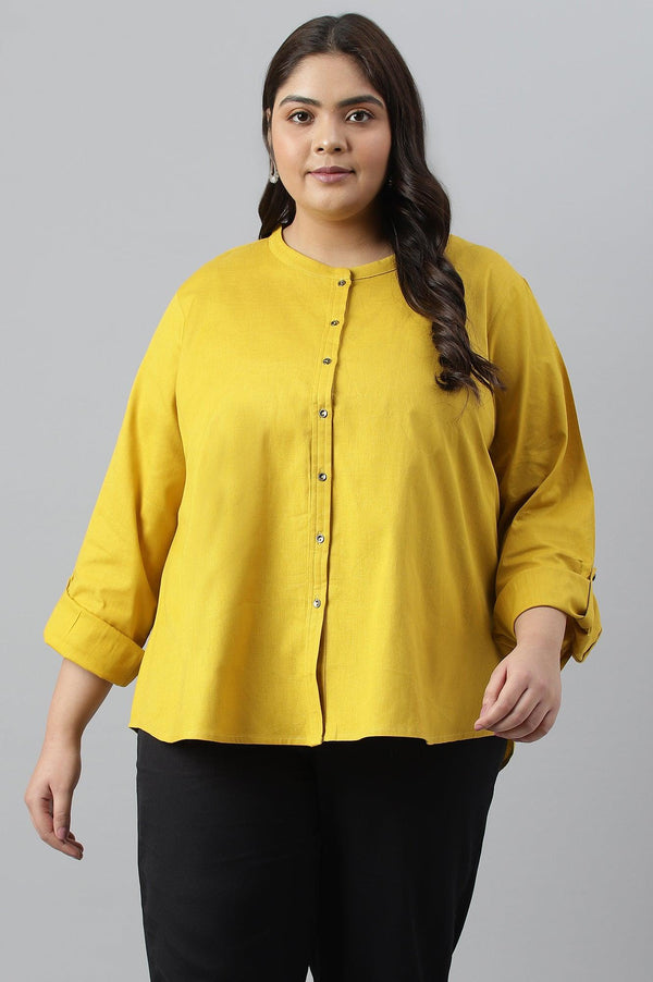 Yellow Cotton Flax Button Down Western Plus Size Top