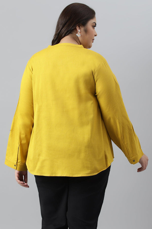 Yellow Cotton Flax Button Down Western Plus Size Top