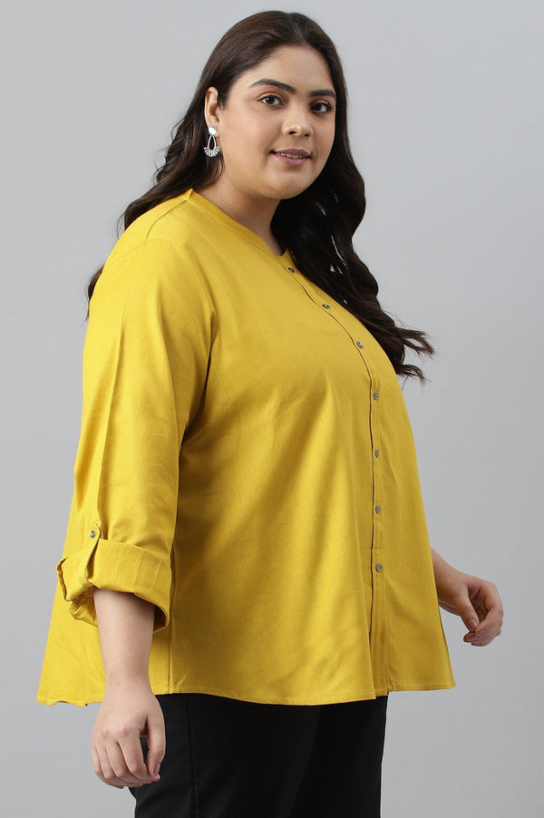 Yellow Cotton Flax Button Down Western Plus Size Top