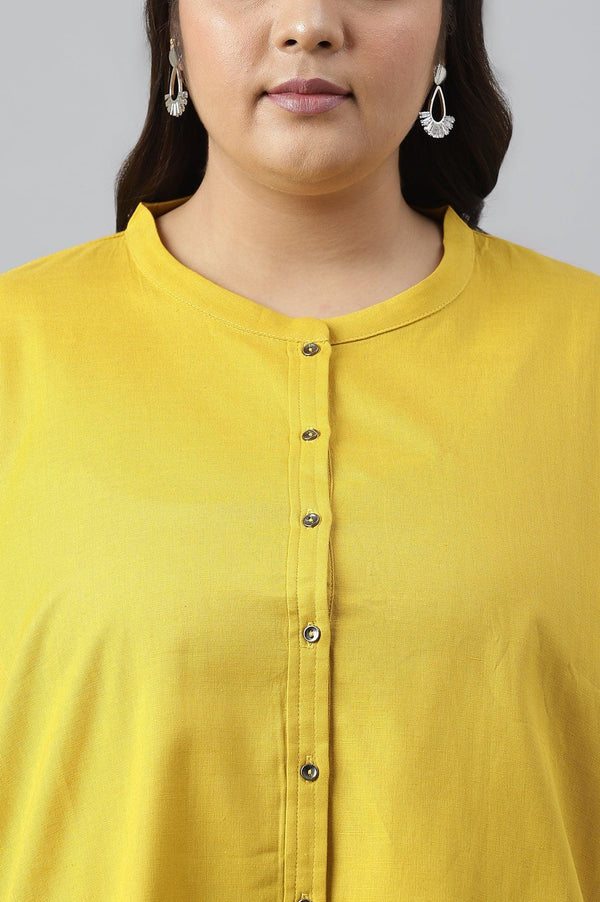 Yellow Cotton Flax Button Down Western Plus Size Top