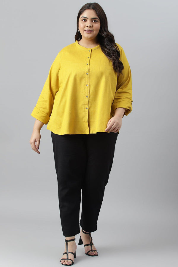 Yellow Cotton Flax Button Down Western Plus Size Top