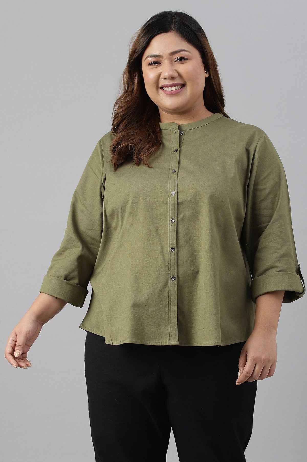 Olive Green Cotton Flax Button Down Plus Size Top - 20