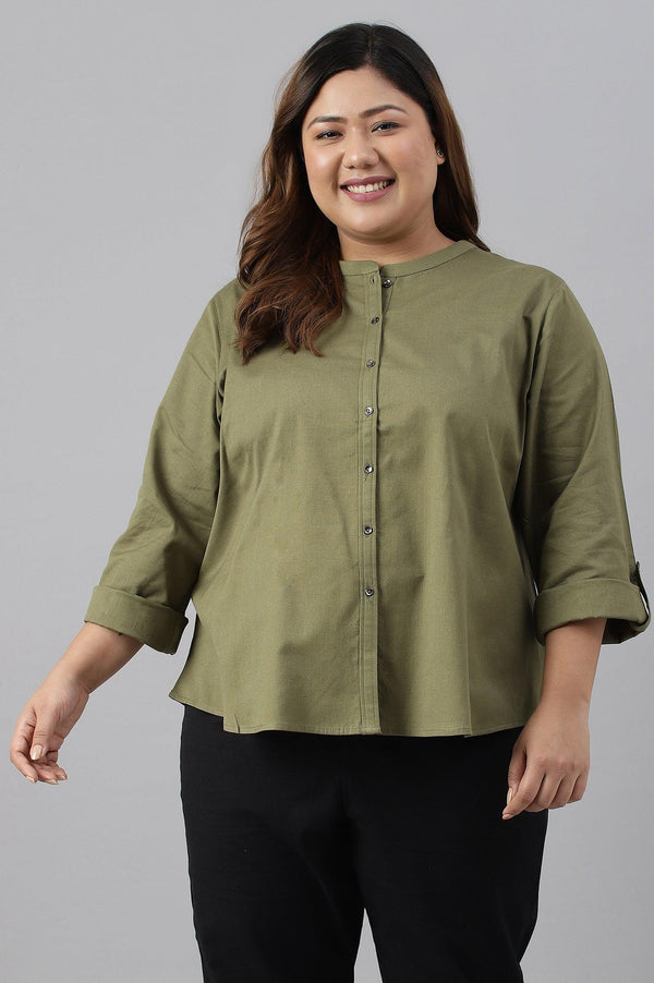 Olive Green Cotton Flax Button Down Plus Size Top