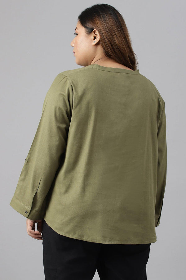 Olive Green Cotton Flax Button Down Plus Size Top