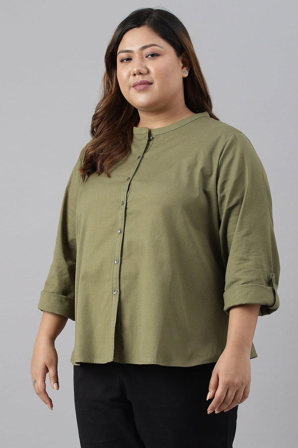 Olive Green Cotton Flax Button Down Plus Size Top
