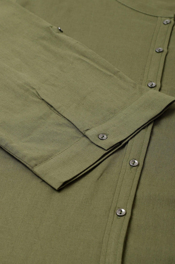Olive Green Cotton Flax Button Down Plus Size Top
