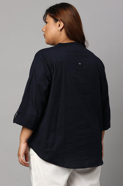 Plus Size Navy Blue Cotton Flax Top - wforwoman