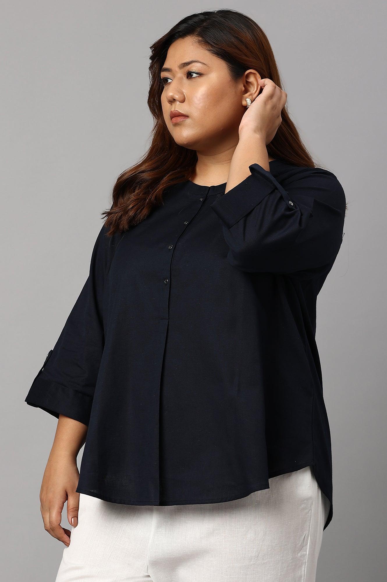 Plus Size Navy Blue Cotton Flax Top - wforwoman