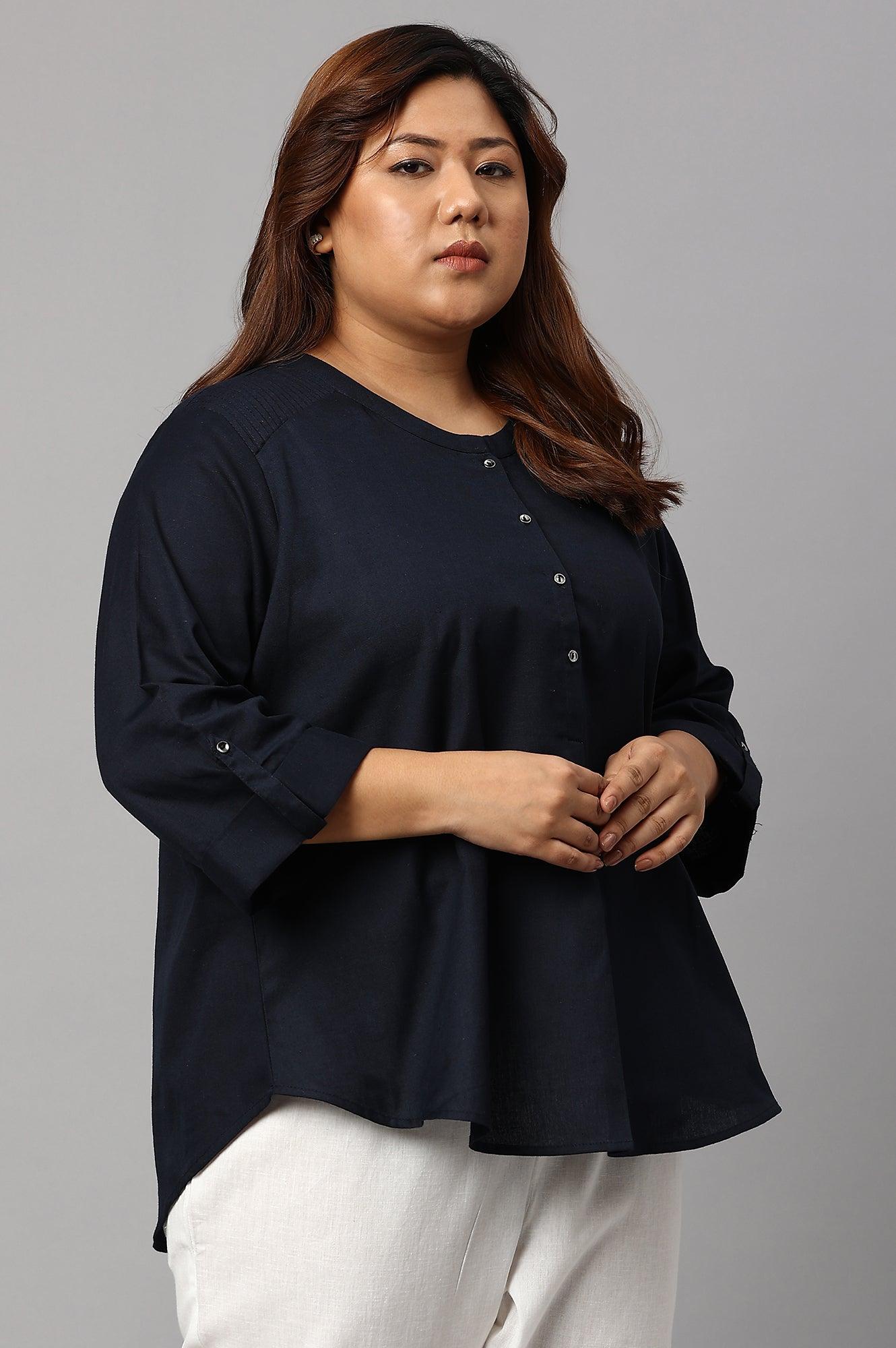 Plus Size Navy Blue Cotton Flax Top - wforwoman