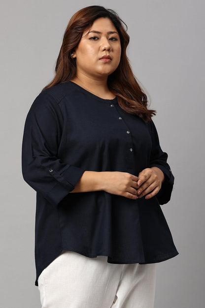 Plus Size Navy Blue Cotton Flax Top - wforwoman