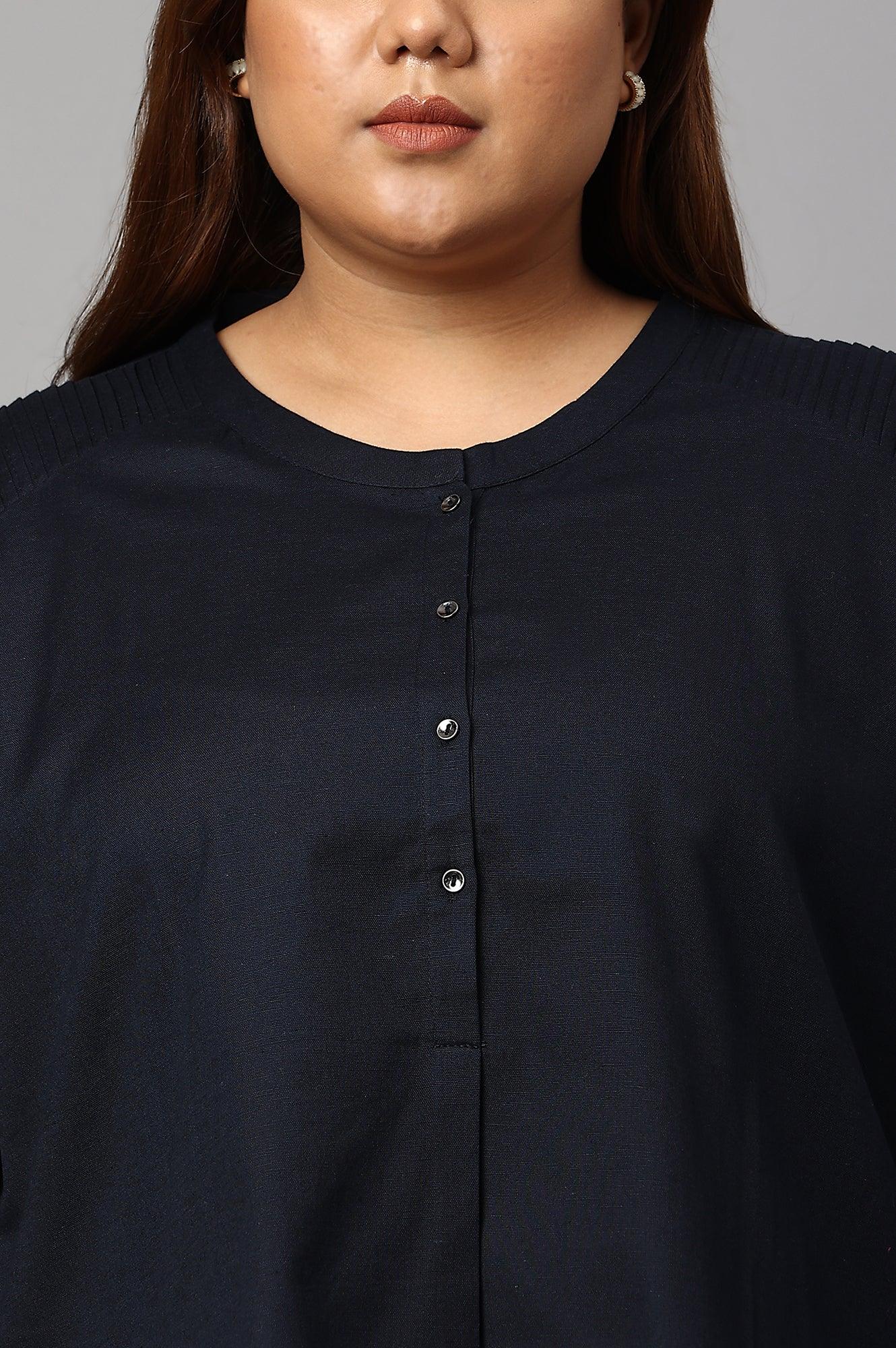 Plus Size Navy Blue Cotton Flax Top - wforwoman