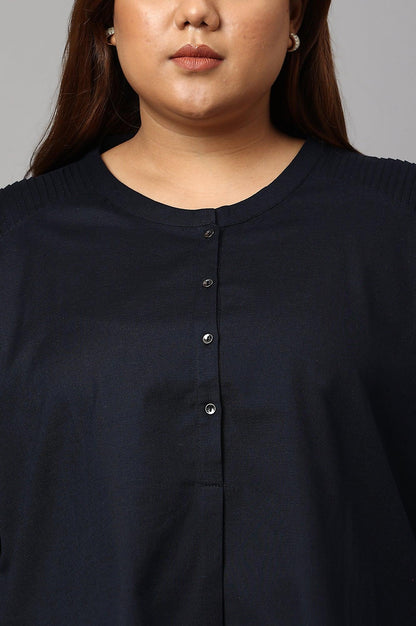 Plus Size Navy Blue Cotton Flax Top - wforwoman