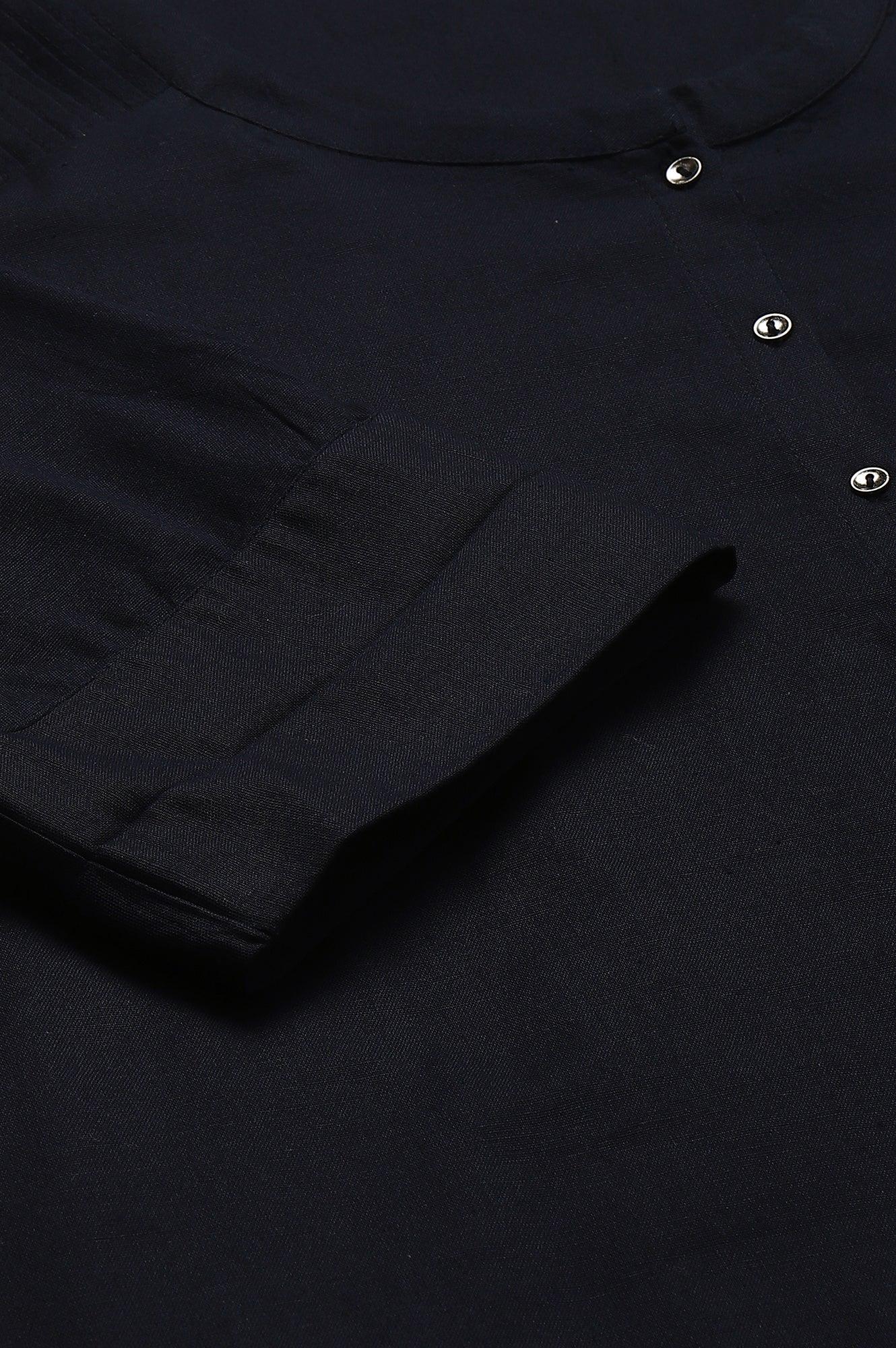 Plus Size Navy Blue Cotton Flax Top - wforwoman