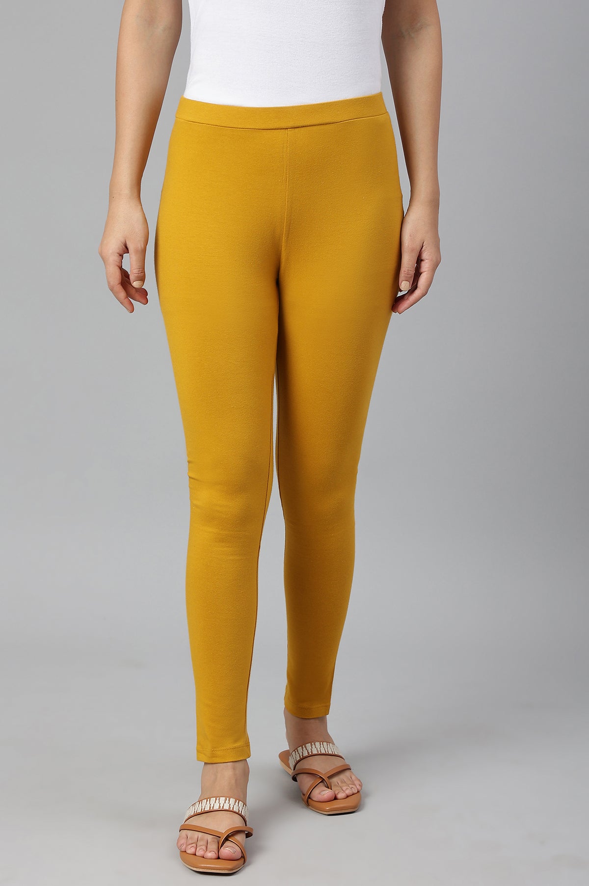 Mustard Knitted Cotton Lycra Tights - S