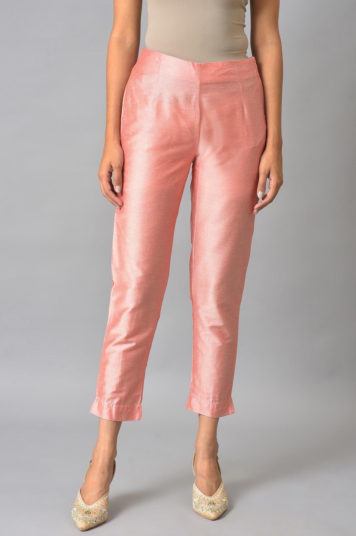 Peach Pink Solid Slim Pants - S