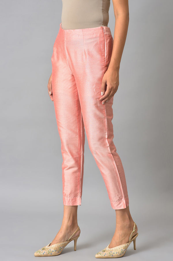 Light Pink Solid Thread Embroidered Rayon Asymmetric Kurta and Slim Pant Set