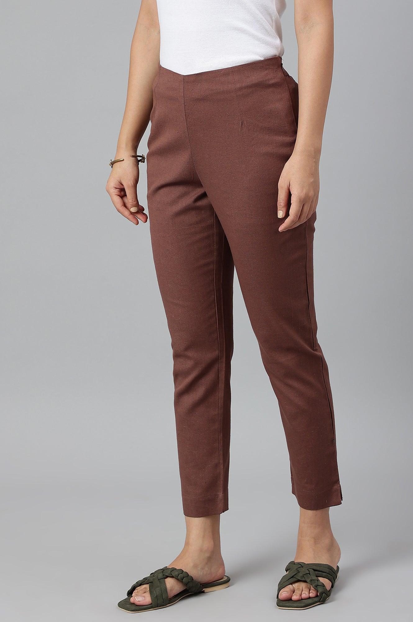 Deep Brown Solid Women Slim Pants - wforwoman
