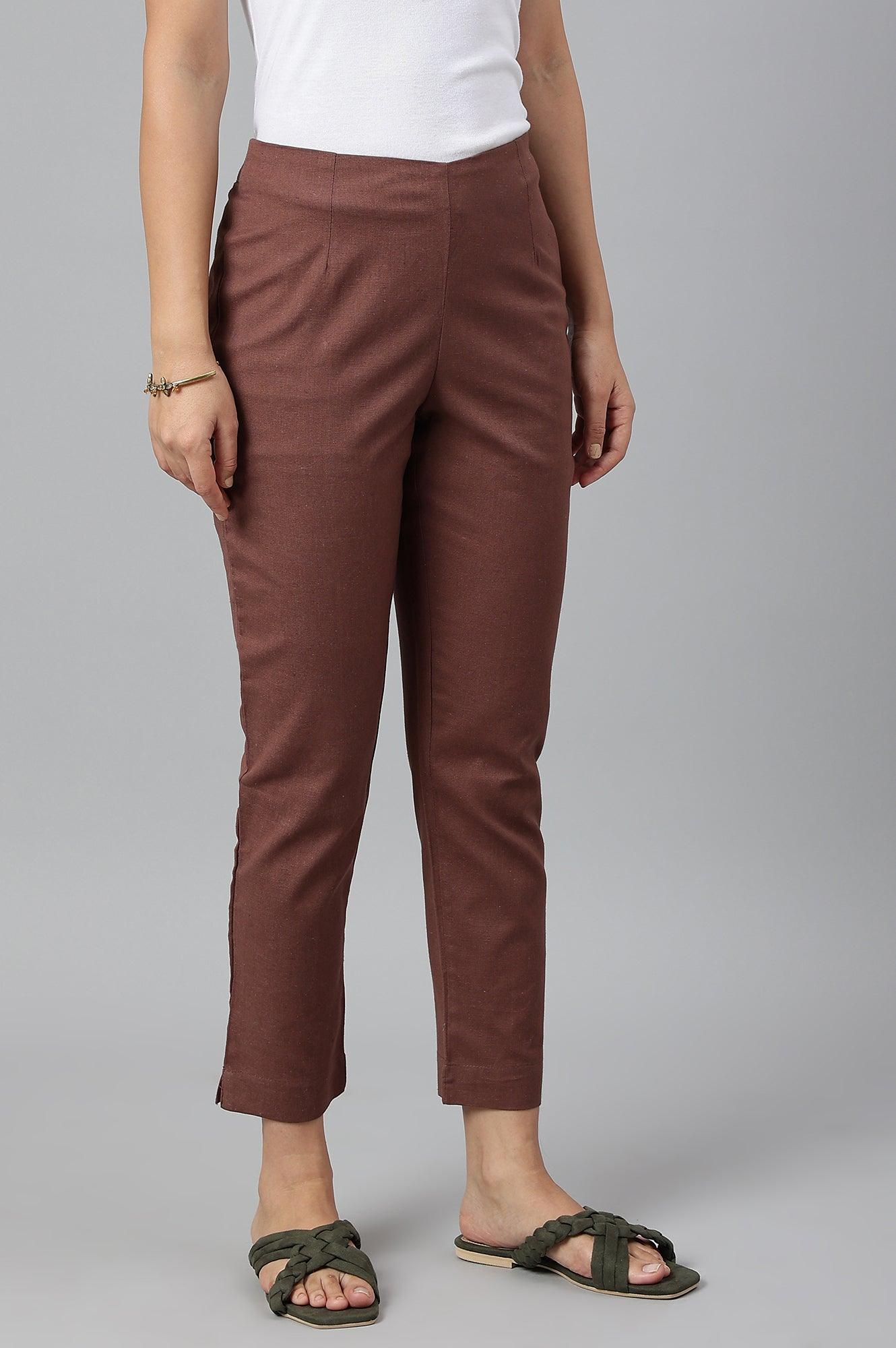Deep Brown Solid Women Slim Pants - wforwoman
