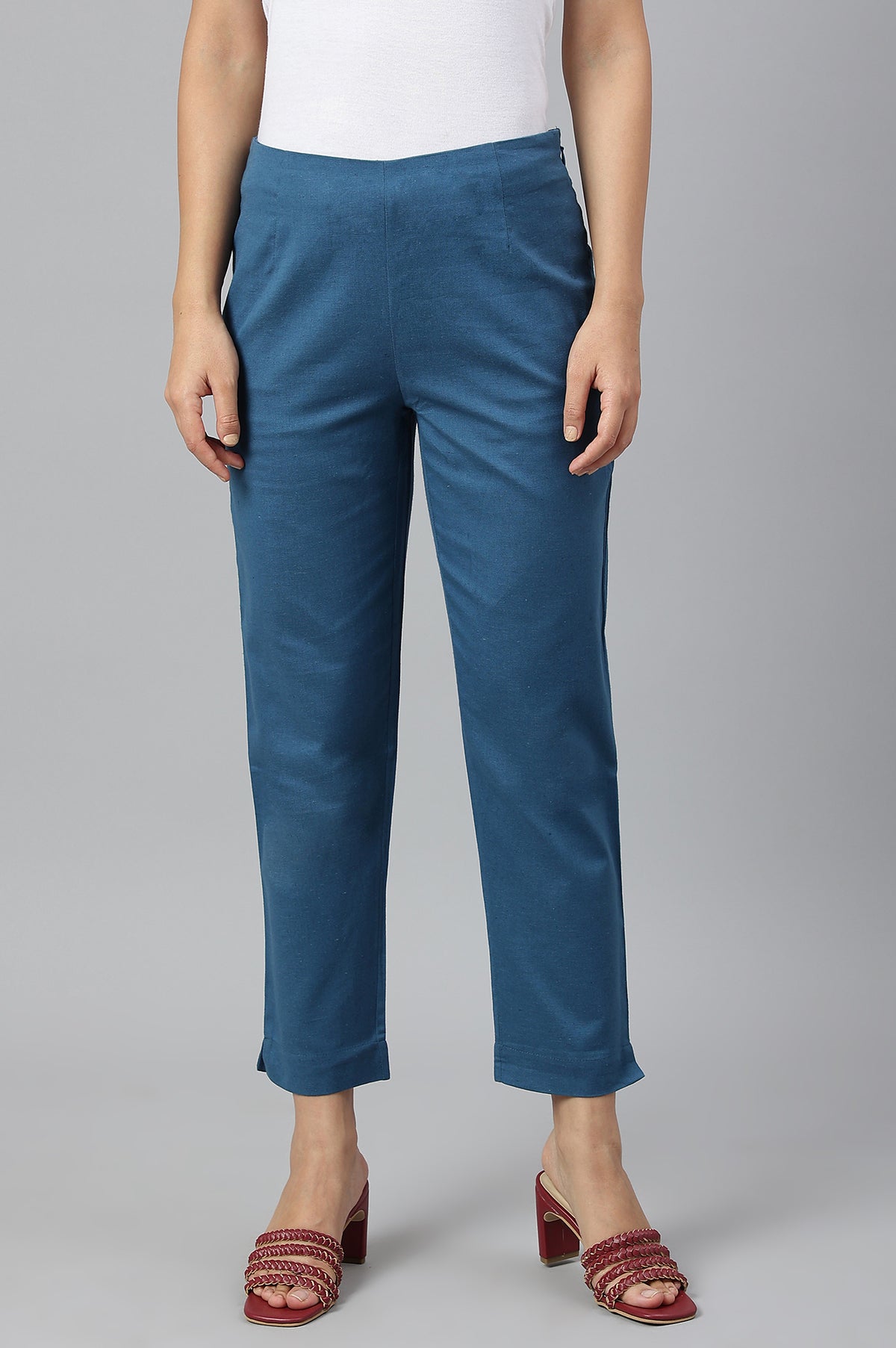 Teal Blue Cotton Blend Slim Pants - XS