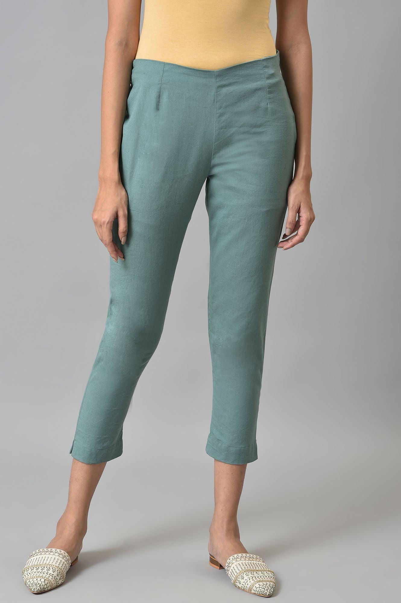 Aqua Blue Cotton Blend Slim Pants - wforwoman