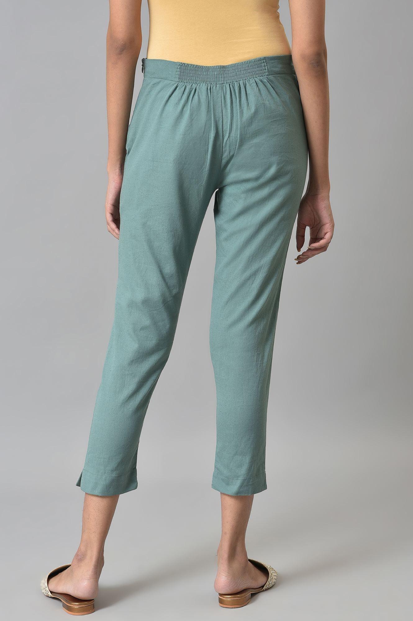 Aqua Blue Cotton Blend Slim Pants - wforwoman