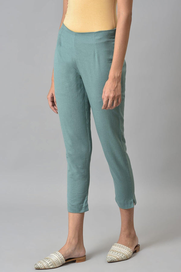 Aqua Blue Cotton Blend Slim Pants
