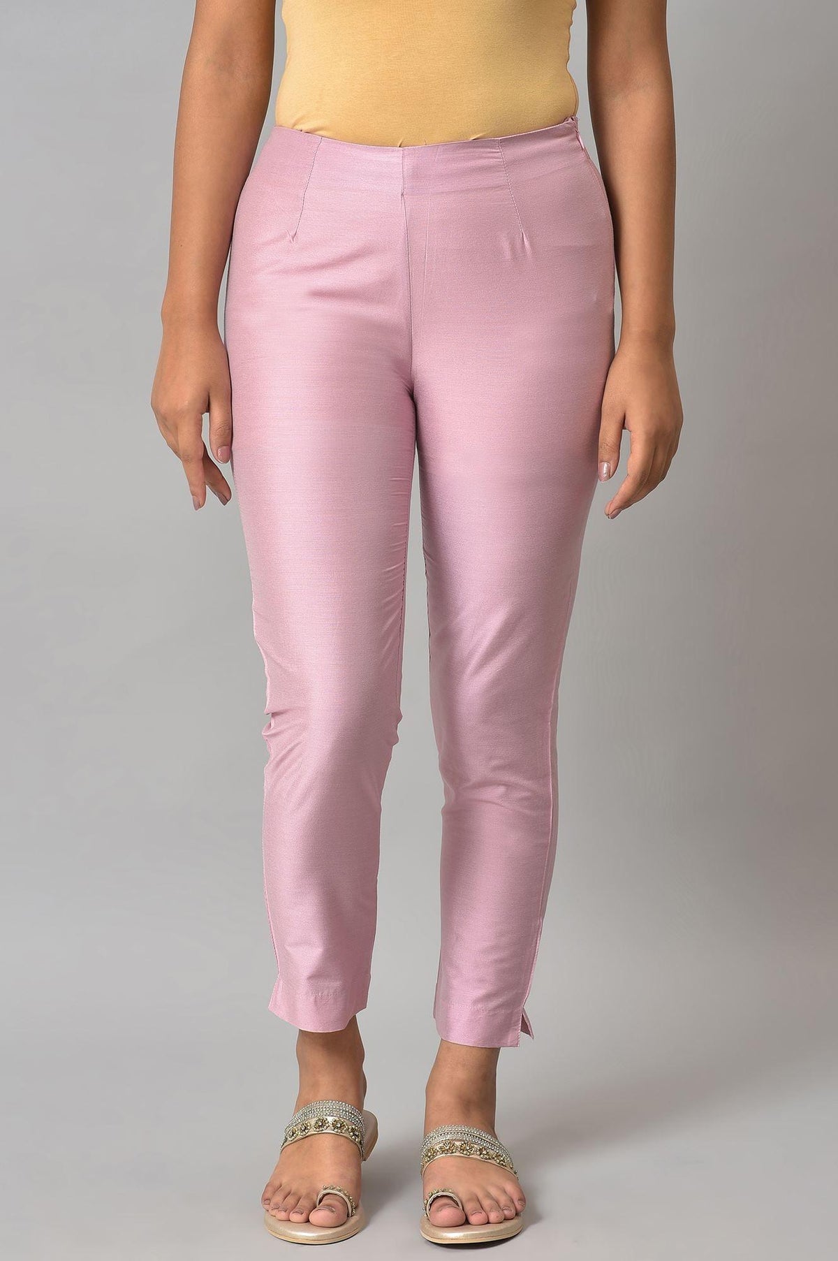 Light Pink Solid Women Slim Pants - XS