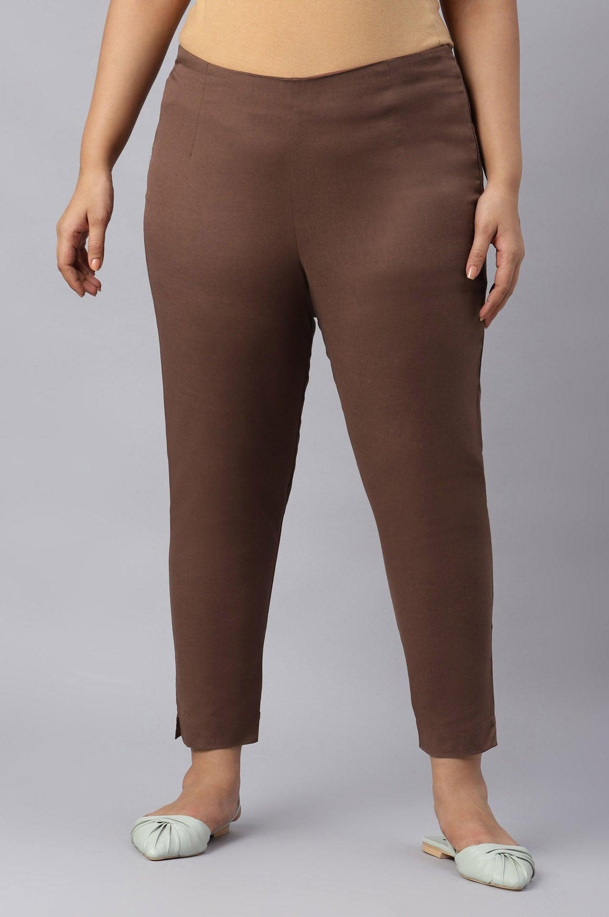 Deep Brown Solid Women Plus Size Slim Pants - 20